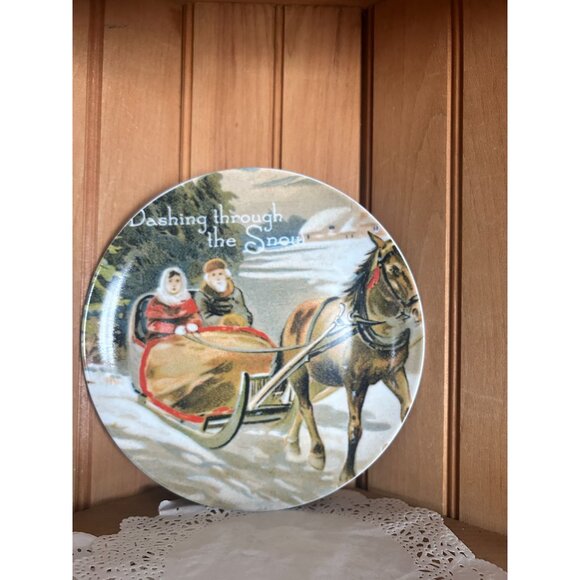 Pottery Barn Decorative Plate Sleigh Ride Winter Scene Luncheon Salad Plate Dash - Picture 1 of 4